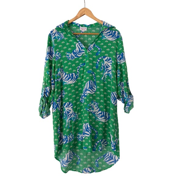 Top It Off Tops - Top It Off Tiger Print Tunic Dress S/M Green Roll Tab Whimsical Animal Resort